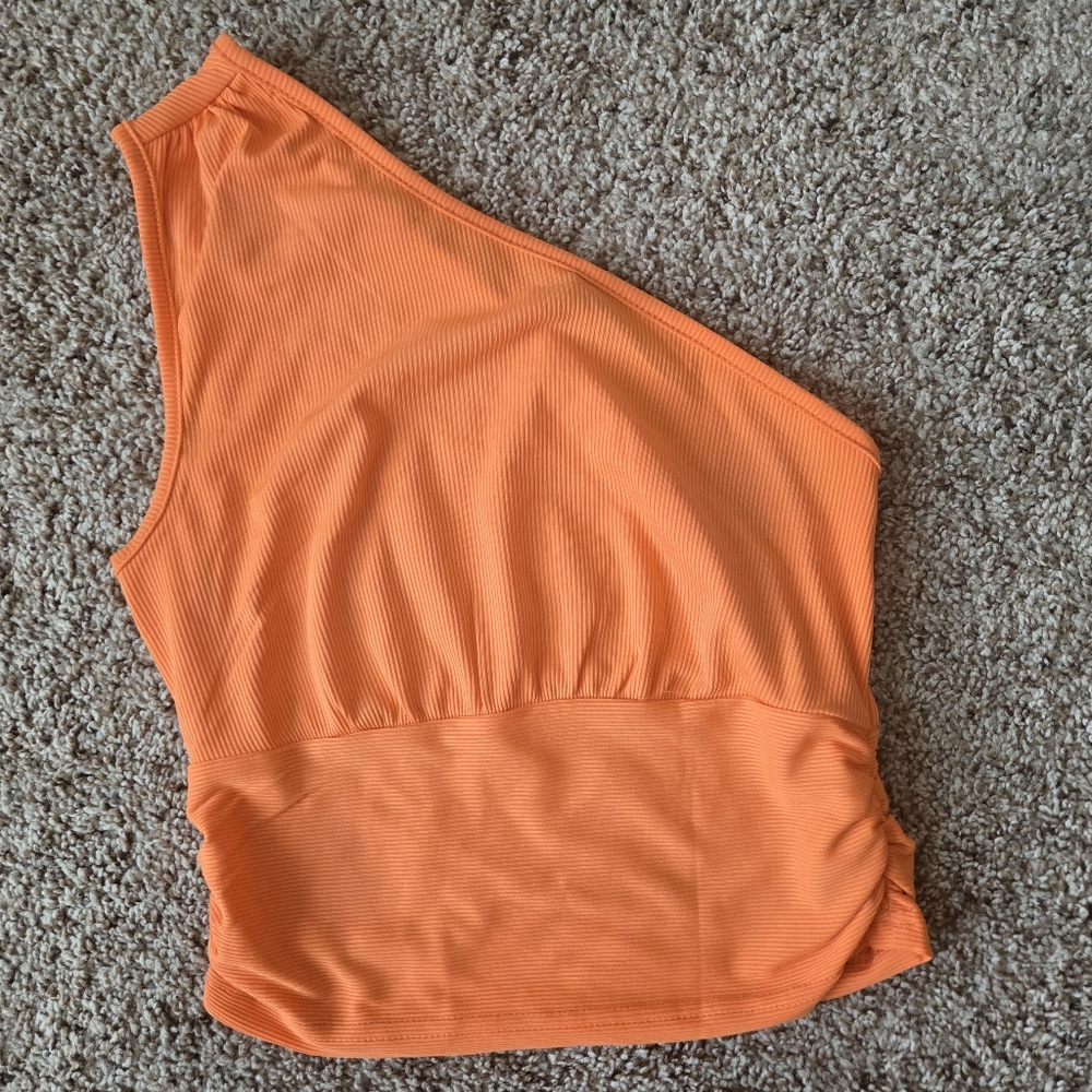 Orange One Shoulder Shein Cropped Tank Top Women’s Size XS Ruched Sides Summer